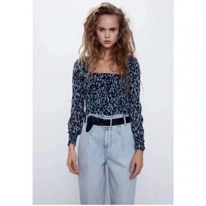 Zara Blue Leopard Print Pleated Puff Long Sleeve Square Neck Crop Top Medium